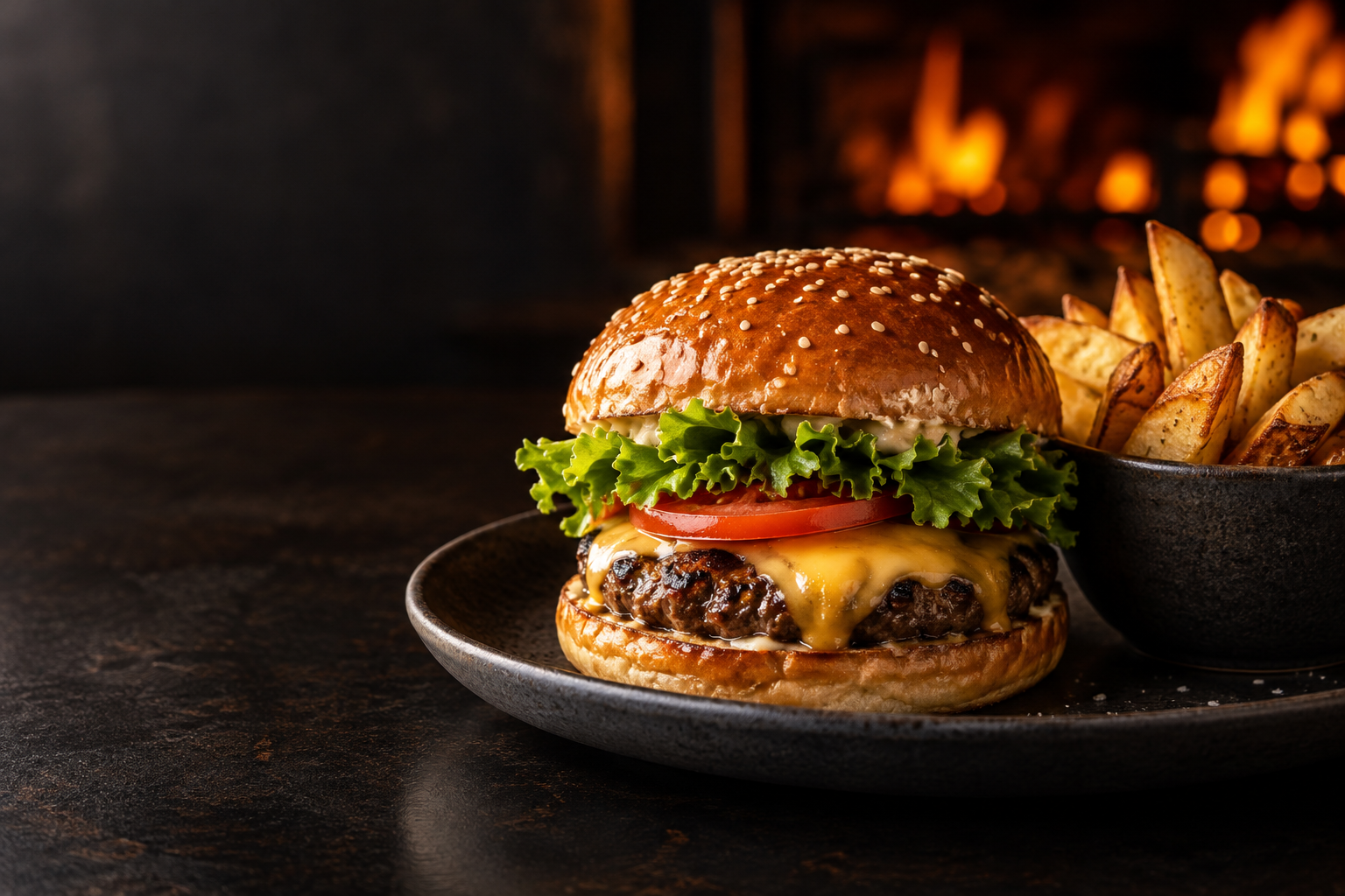 Imagen ilustrativa generada de una hamburguesa a la brasa con papas doradas